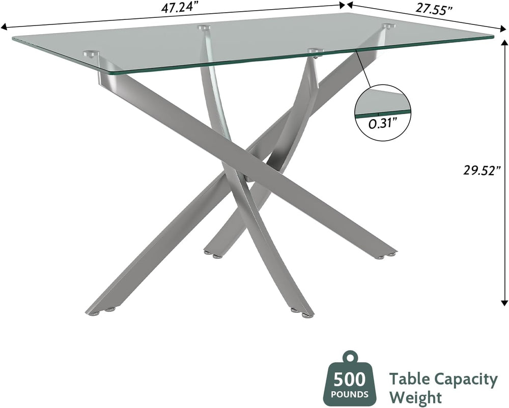 47.24 Inch Glass Dining Table, Rectangular Kitchen Glass Table for 4 People, ...