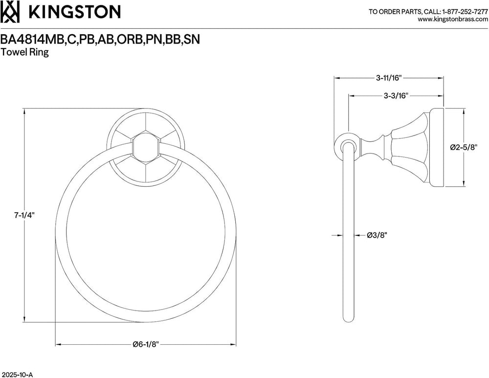 Kingston Brass BA4814PB Metropolitan Towel-Ring, Polished Brass, 6 Inch