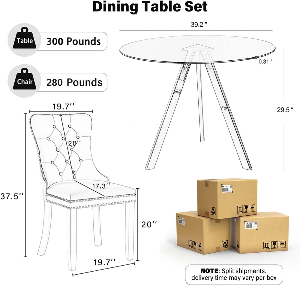 5-Piece 39" Round Glass Dining Table Set with 4 Velvet Upholstered Chair...