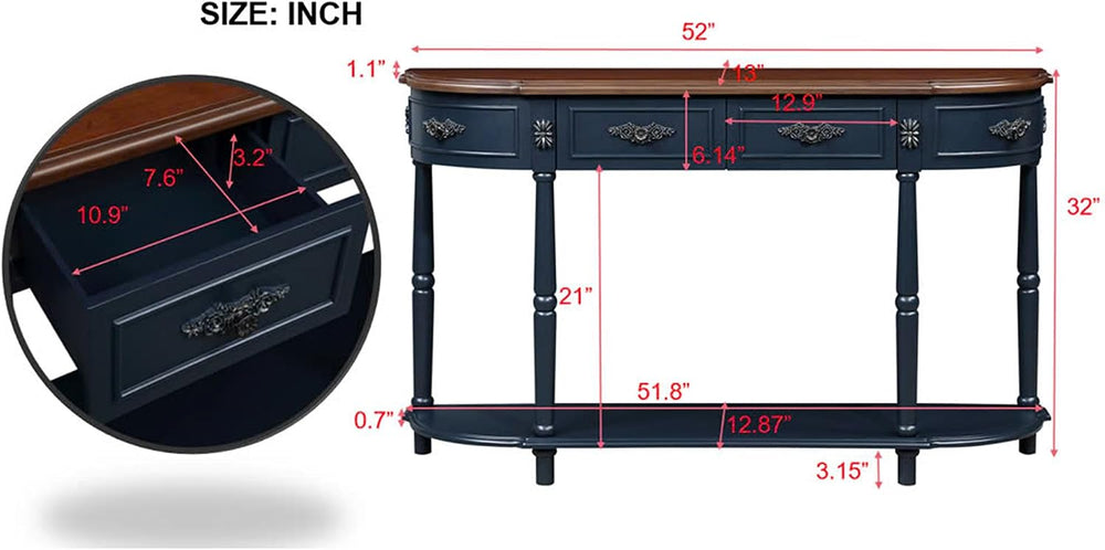 P PURLOVE Curved Console Table with 2 Drawers, Retro Sofa Table with Solid Wo...