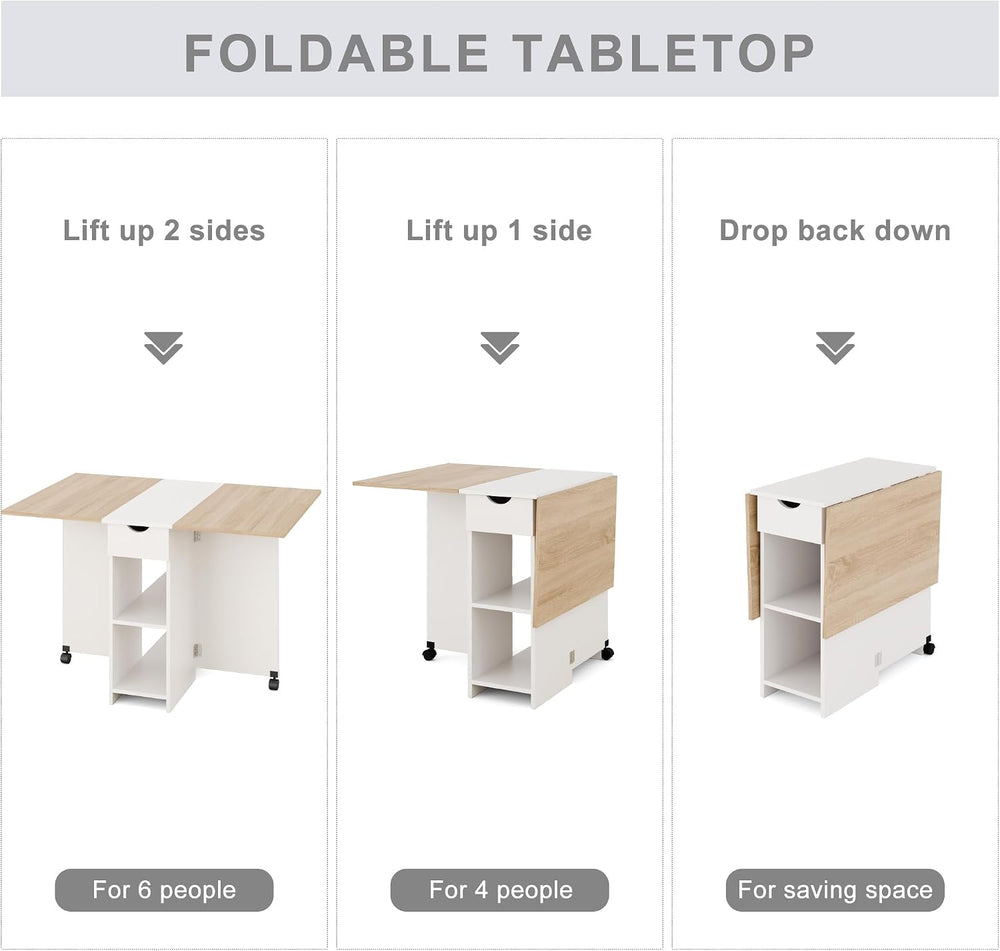 Mondeer Folding Dining Table with Drawer and Shelves, Oak & White | Drop ...
