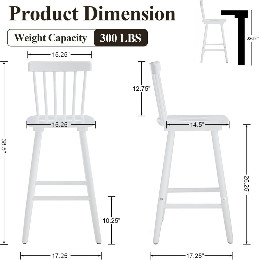 Windsor Bar Stools Set of 2, 26 Inch Counter Height Barstools Wooden Barstool...