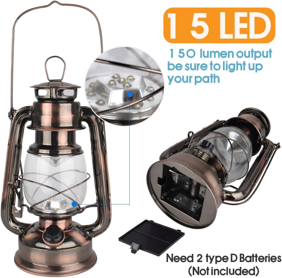 Vintage LED Hurricane Lantern, Warm White Battery Operated, Antique Metal Han...