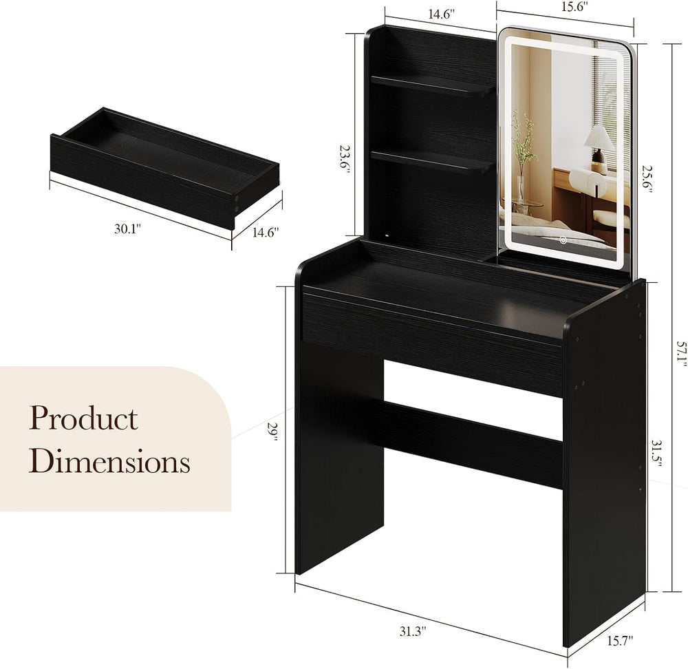 Memobarco Black Small Makeup Vanity Desk with Drawer & Storage Shelves | ...