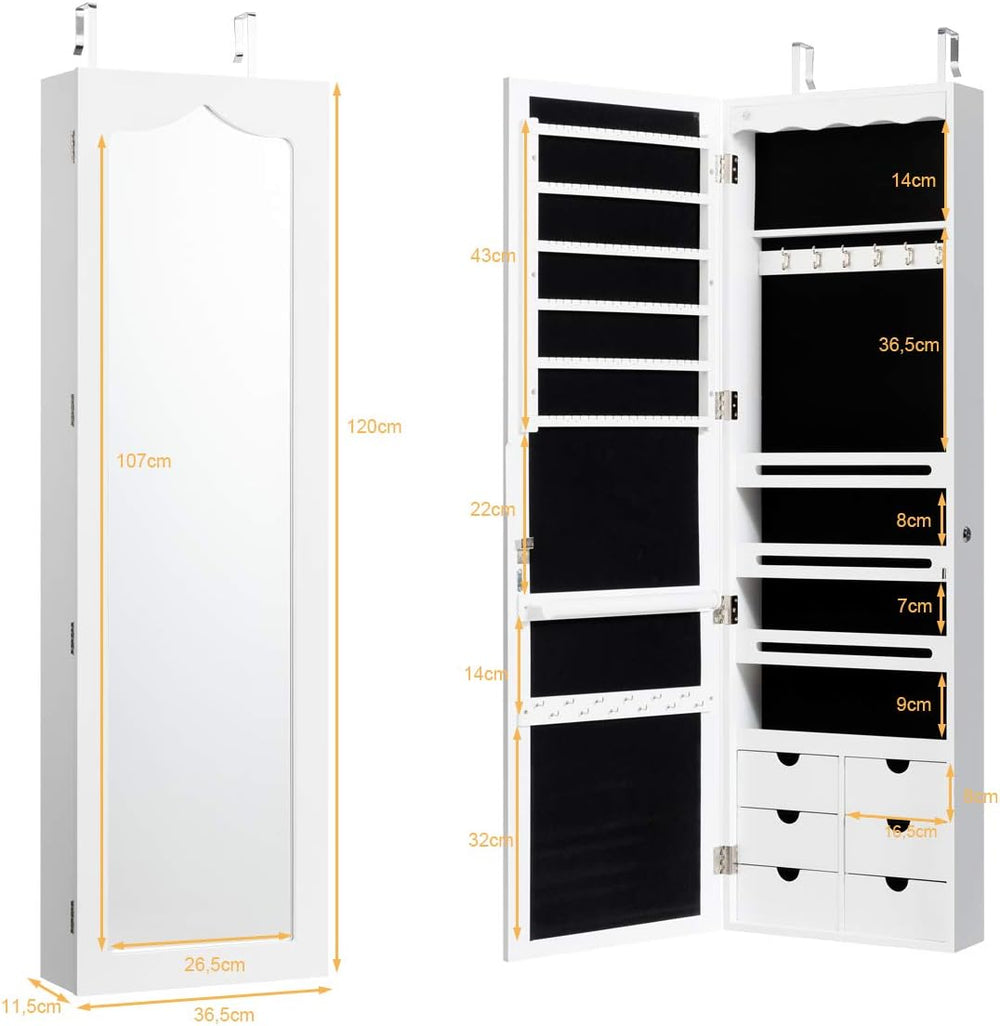 COSTWAY Jewellery Cabinet with LED Lighting, 6 Drawers and Mirror, Hanging Sa...