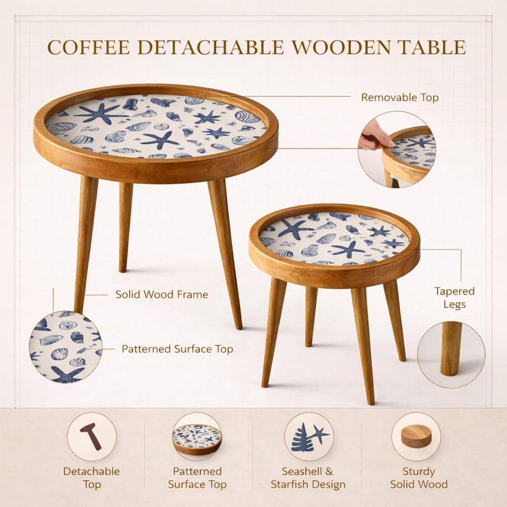 HOMORA Handcrafted Wooden Side Tables Set of 2 – Coastal Nautical Printed Top...