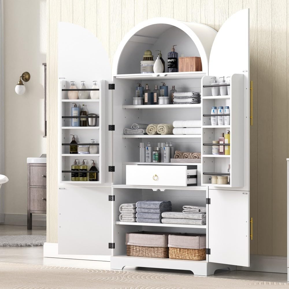 72" Tall Arched Kitchen Pantry Cabinet, Fluted Storage Cabinet with 8 Do...