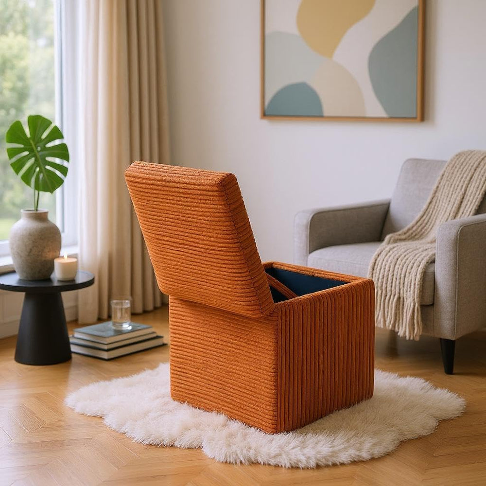Orange Corduroy Storage Ottoman with Rubber Feet – Compact Soft Cube Seat, 42...