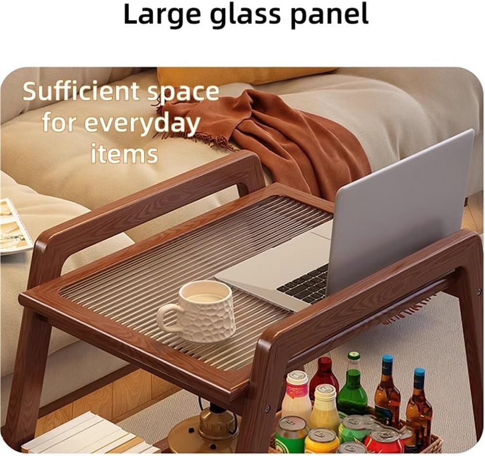 Movable Sofa Side Table with Glass, 2 Tier End Table with Wheels, Small Table...