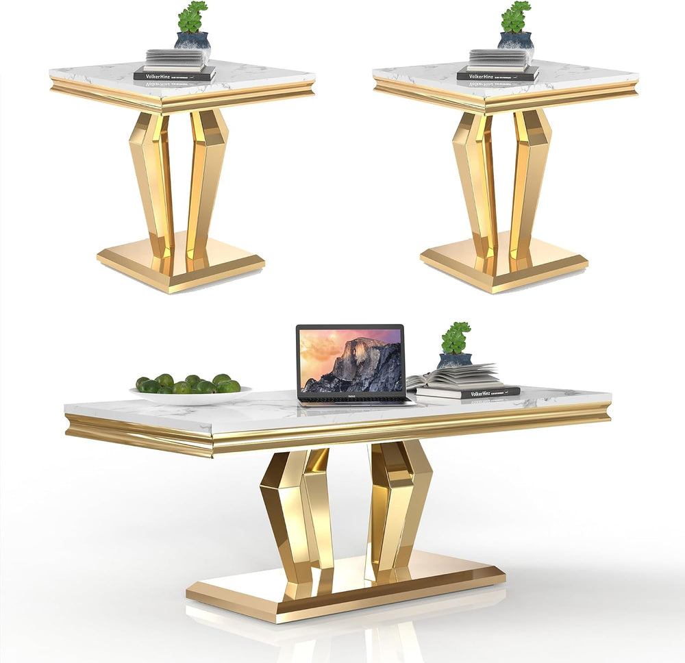 Living Room Coffee Table Set of 3, Modern Marble Coffee Table and 2 End Side ...