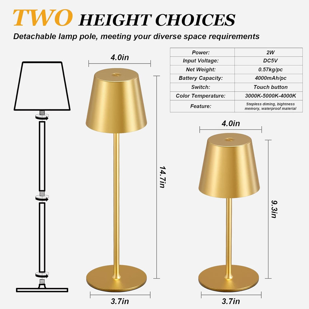 Cordless Table Lamp Rechargeable Gold - KK 2 Pack 5000mAH Battery Operated La...