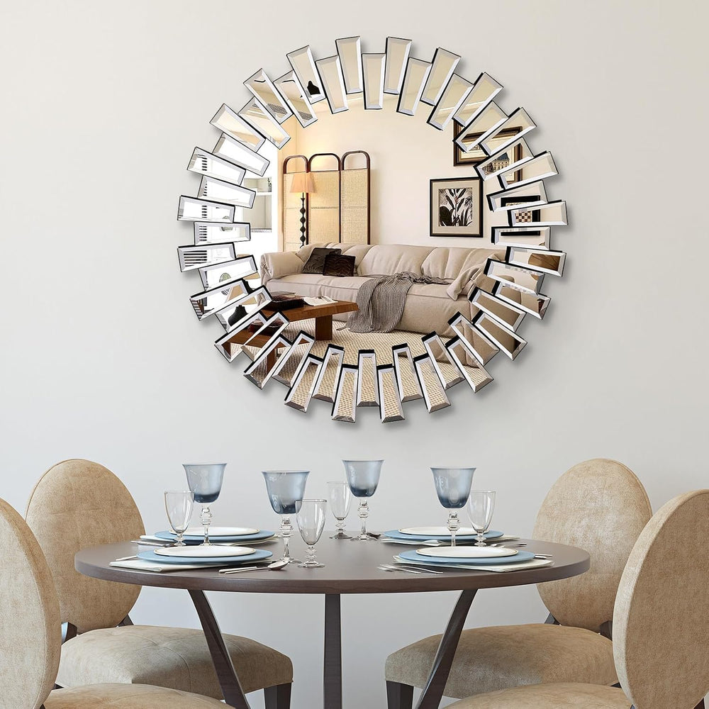 QDSSDECO Round Mirror Sunburst Wall Mirror 24" Beveled Edge Frameless fo...