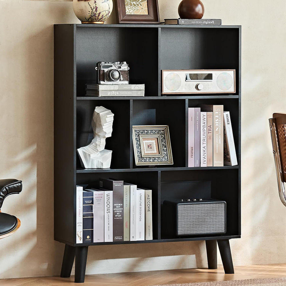 LEYAOYAO Cube Bookshelf, Mid-Century Modern Book Shelf with Legs, Black