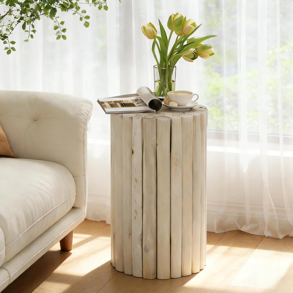 DUHOME Boho Round Side Table - Hand-Assembled Solid Wood Sticks, Organic Text...
