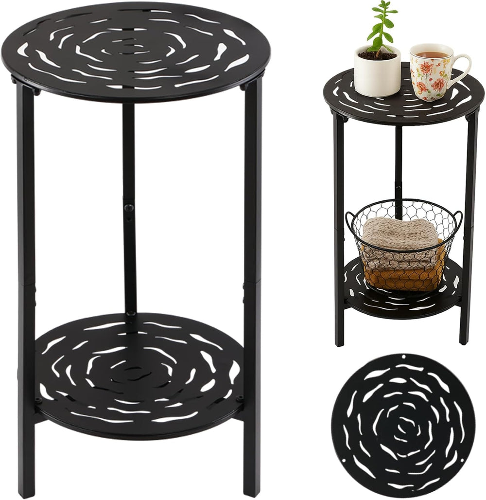 2-Tier Metal Round Side Table Black Accent Coffee Tables Small Space Corner P...