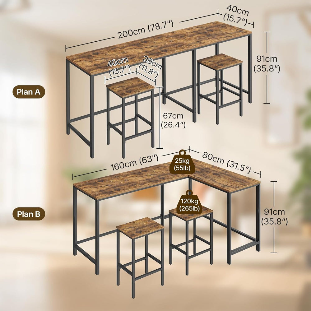 YATINEY L-Shaped Bar Table Chairs Set, 78.7" Bar Height Table and 2 Chai...