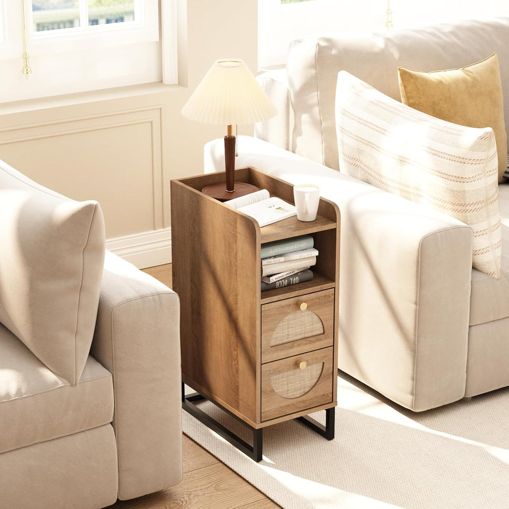 Narrow Nightstand for Small Spaces - 9.3" Slim Side Table with Rattan-We...