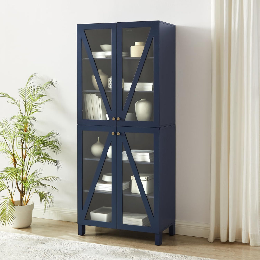 Maykoosh Tall Kitchen Pantry - Stackable Storage Cabinet with Glass Doors, Navy