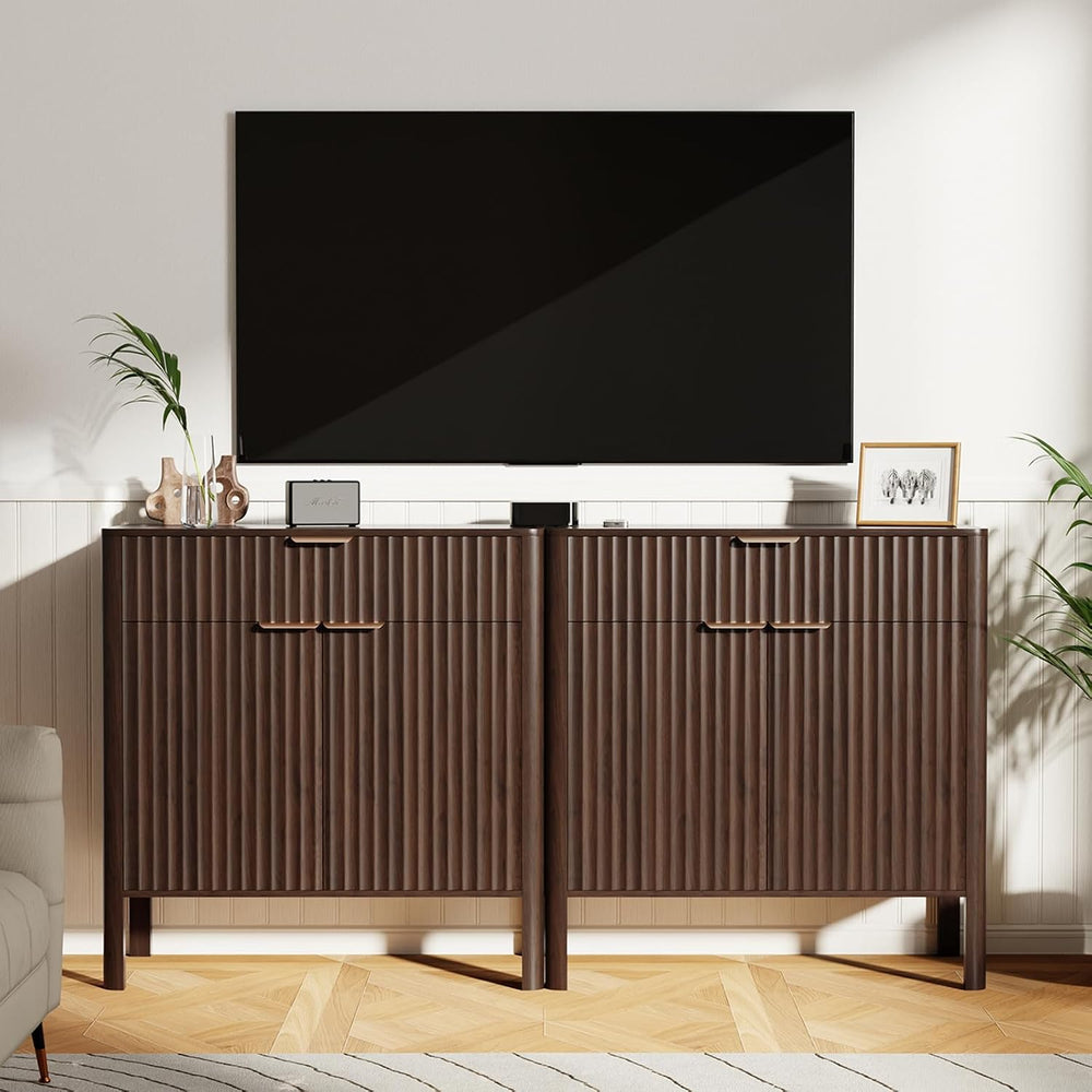 Fluted Buffet Cabinet Accent with Doors & Drawer 31" Walnut | Anti-t...
