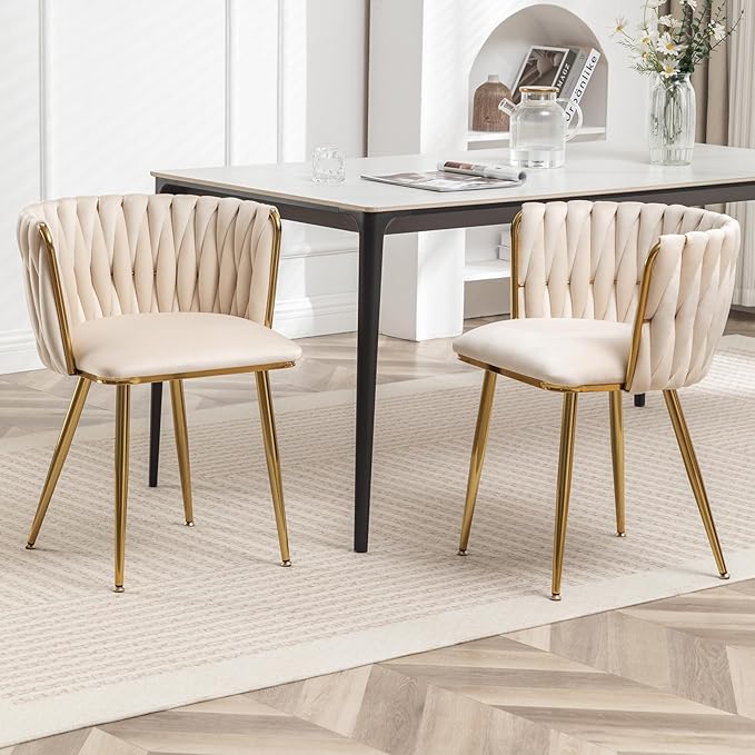 Velvet Dining Chairs Set of 2, Modern Upholstered Woven Dining Chairs with Go...