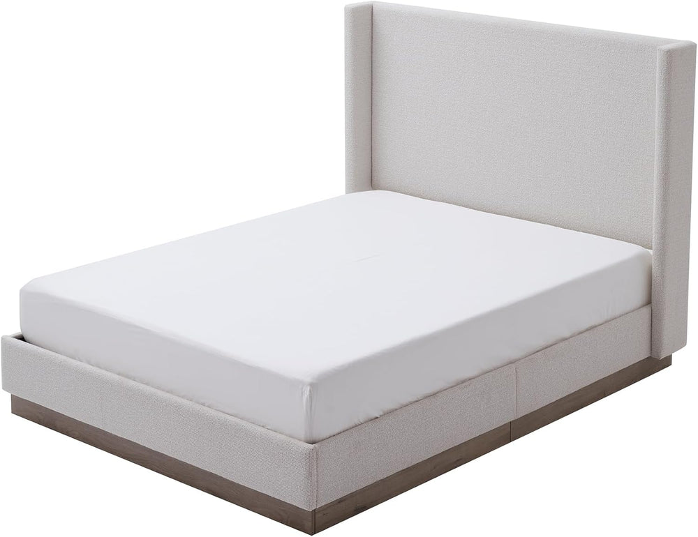 Peanu Queen Bed Frame, Wingback Upholstered Headboard, Cream White