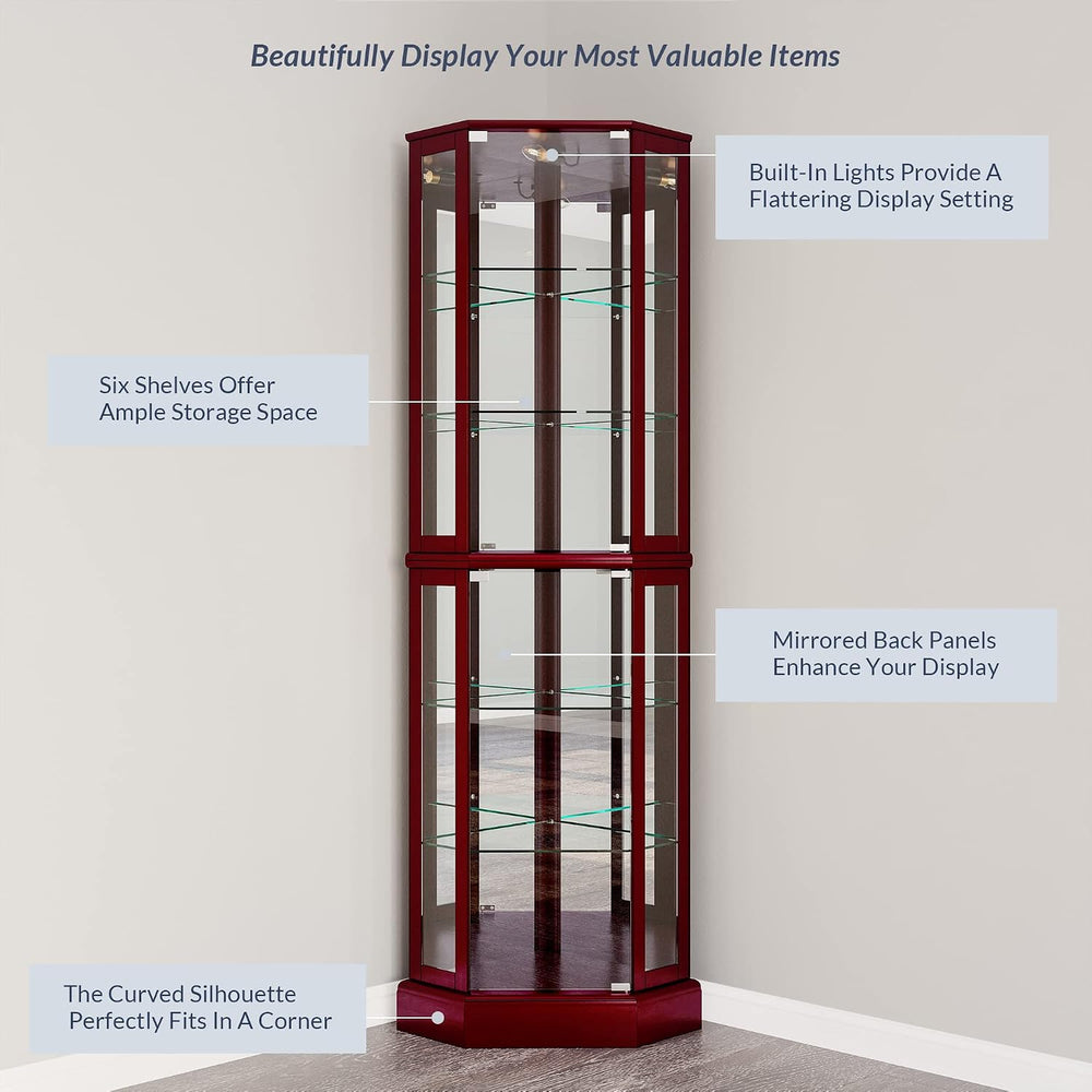 BELLEZE Lighted Corner Display Curio Cabinet Wooden Curved Shelving Unit with...