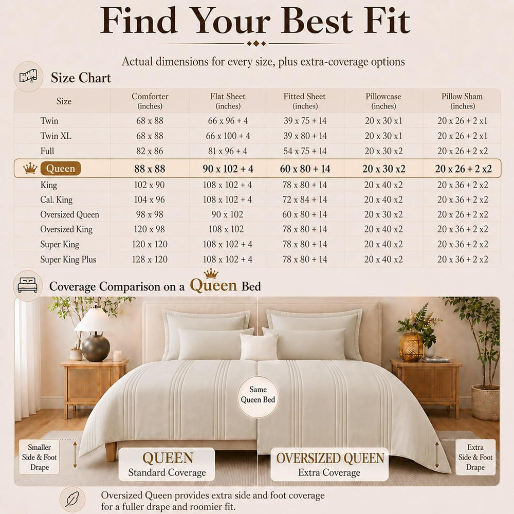 Queen Comforter Set Beige - 7 Pieces Vertical Quilted Bed in a Bag
