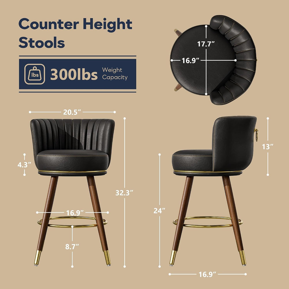 24 Inch Black Leather Swivel Counter Bar Stools Set of 2