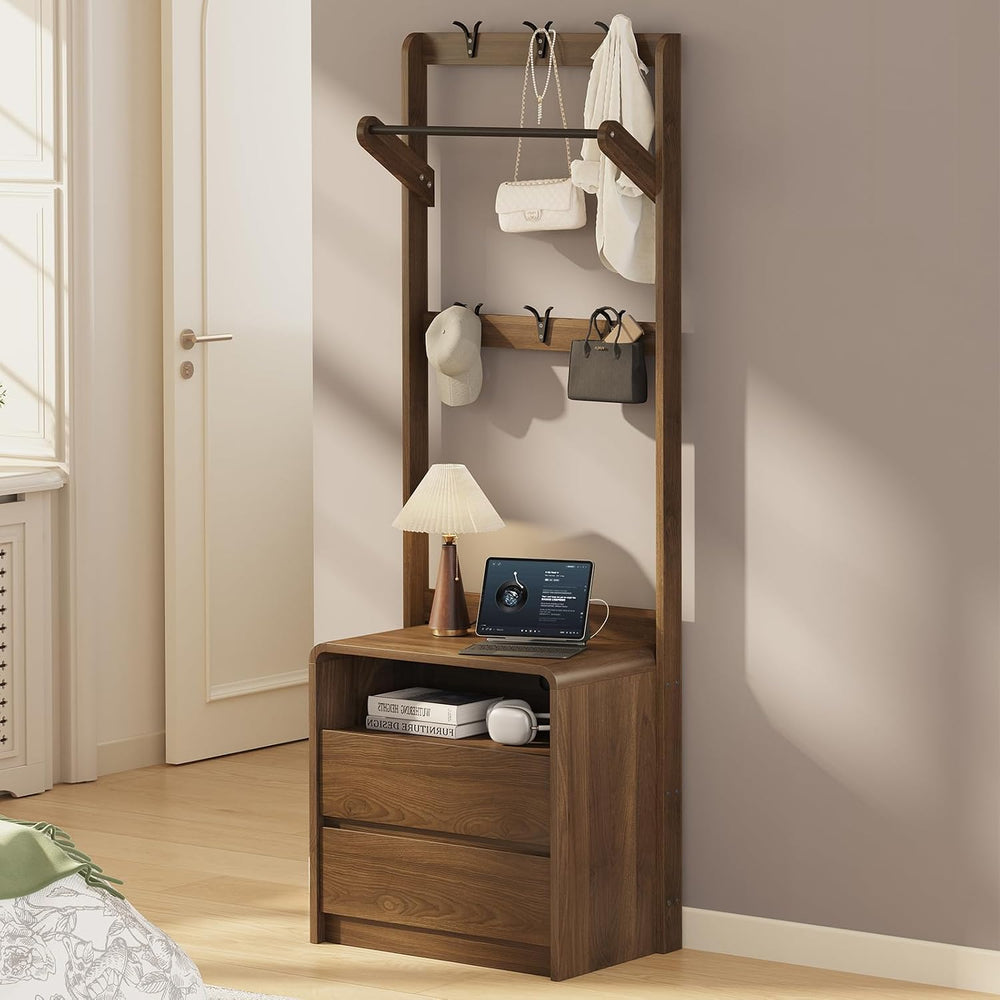 Messenya Mid Century Modern Bedroom Nightstand with Clothes Rack and Hooks | ...