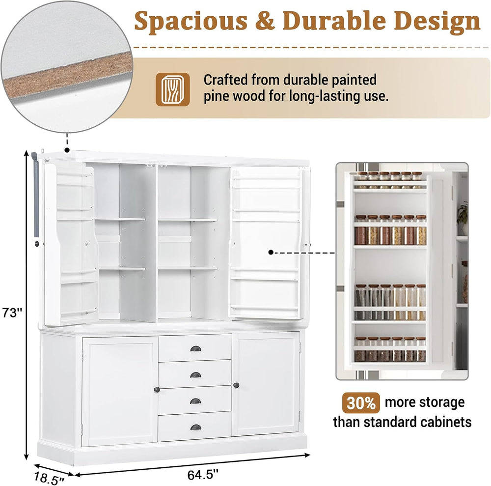 73" Freestanding Kitchen Pantry Organizer - Wooden Storage Unit with 4 S...