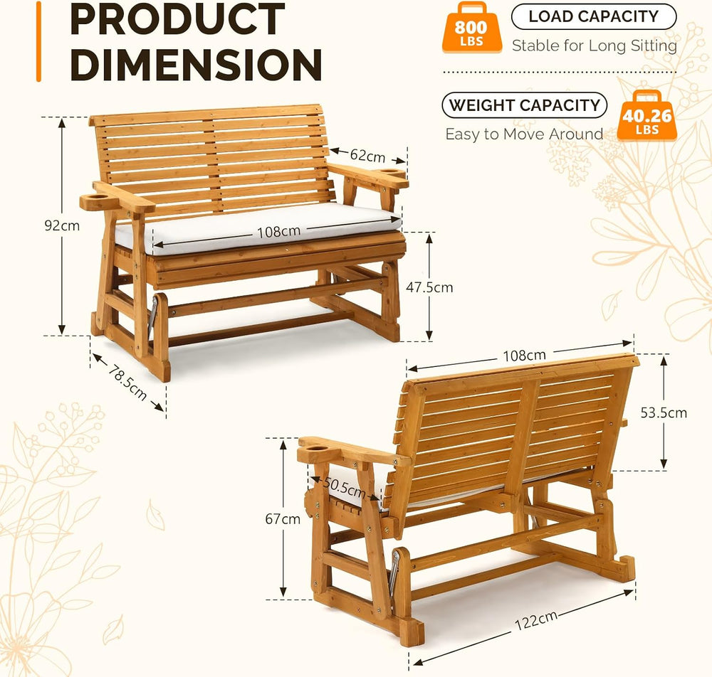 VINGLI Wooden Patio Glider with Cushion, Heavy Duty 800 LBS Outdoor Glider wi...