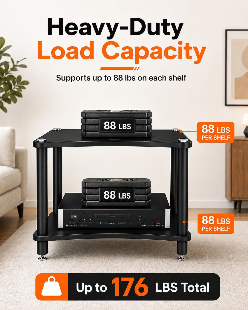 Heavy Duty 2-Tier AV Media Stand, 176 lb Load Capacity, Black | anti-vibratio...