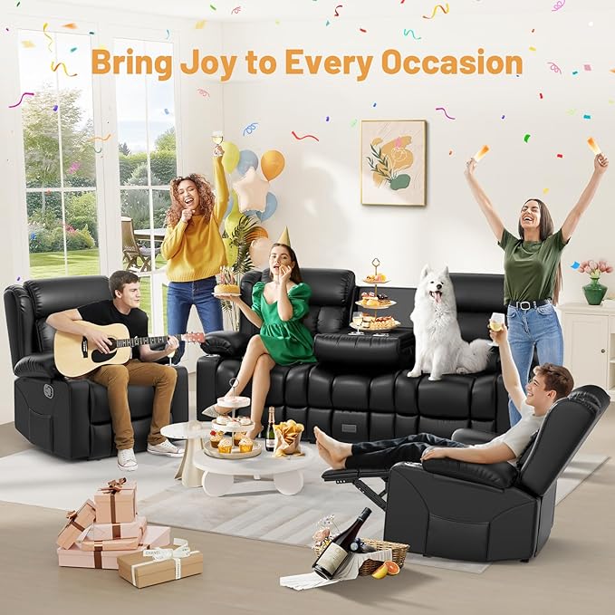 Recliner Sofa Set, Flip Middle Backrest Design PU Leather 3 Seater Reclining ...