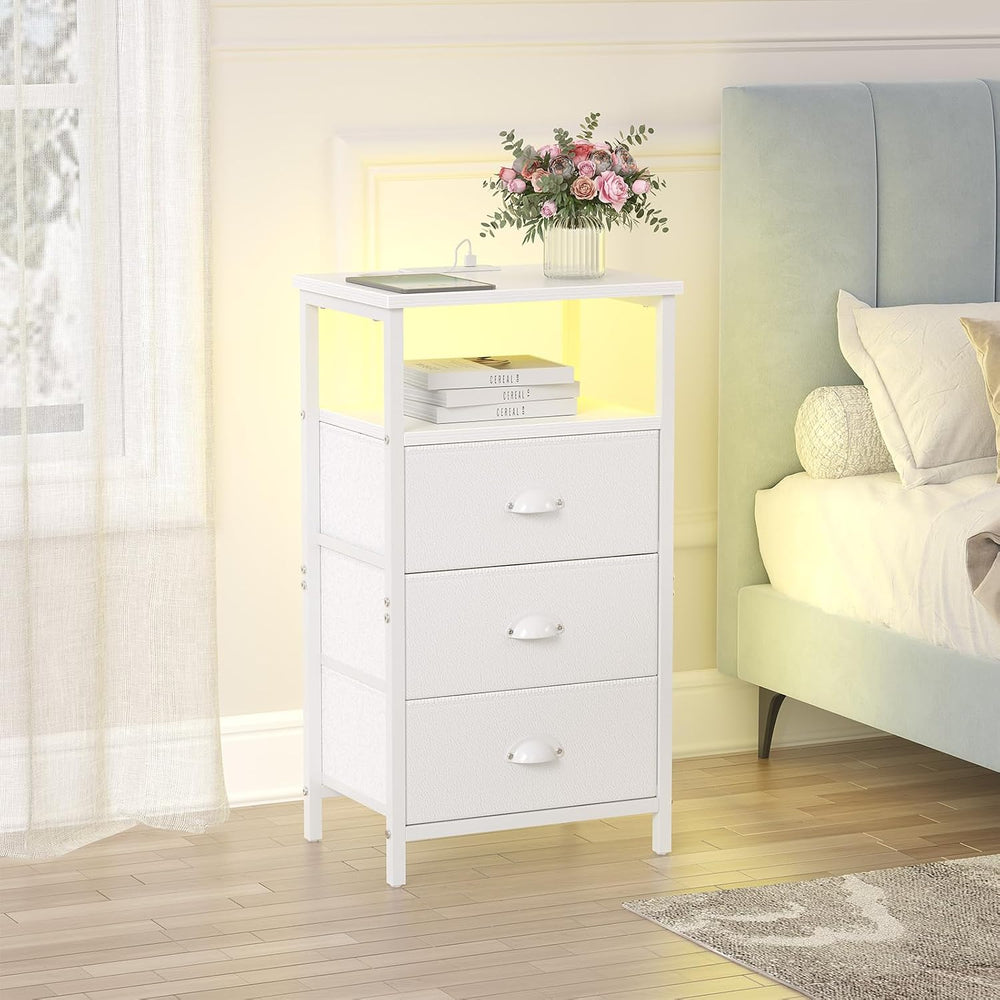 sthmec Nightstand with Charging Station,LED White Nightstand with 3 Fabric Dr...