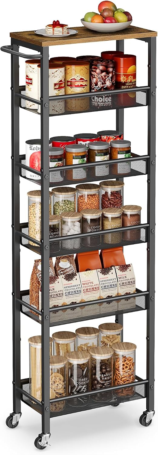 VASAGLE 6-Tier Slim Rolling Storage Cart, Narrow Kitchen Cart with Wheels, Ut...