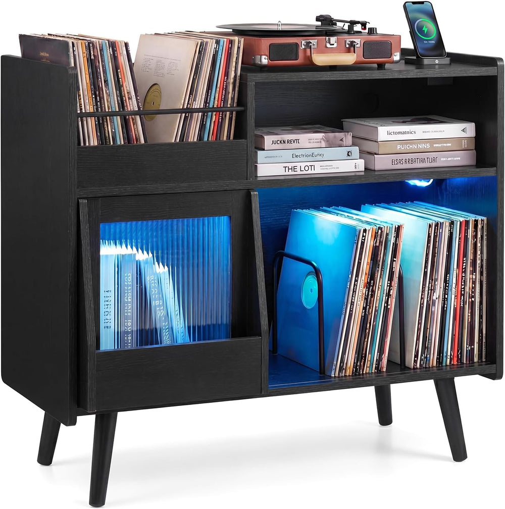 Giantex Large Record Player Stand with LED Light, Mid Century Modern Turntabl...