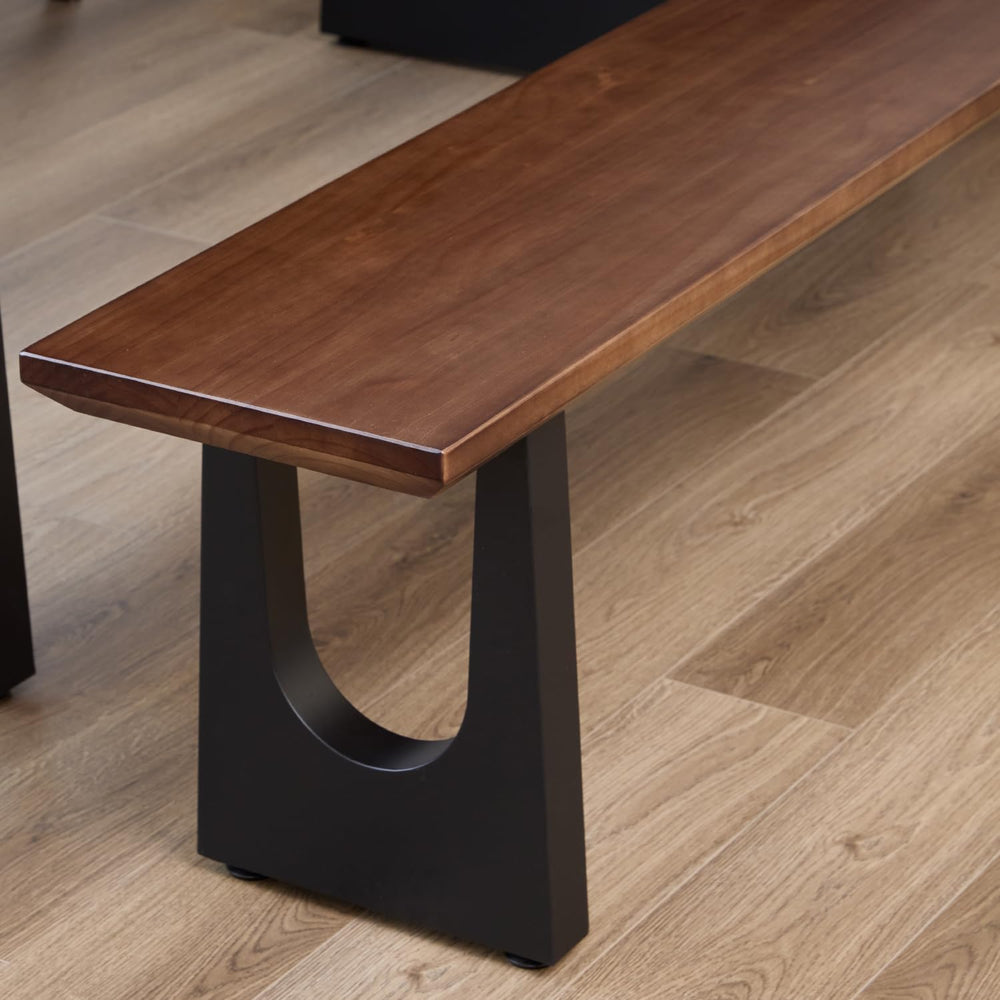 Walnut Color Long Bench Solid Wood Top Metal Legs U-Shaped Design Durable Stu...