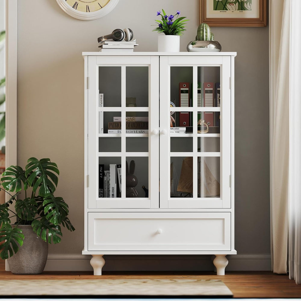 KEIKI Sideboard Buffet Cabinet with Glass Doors and Drawer, Wooden Storage Ca...