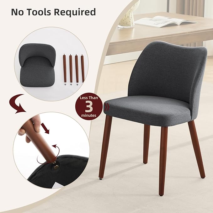 Dining Chair Set of 2, Linen Upholstered Dining Chair with Wood Legs, Wing Ba...