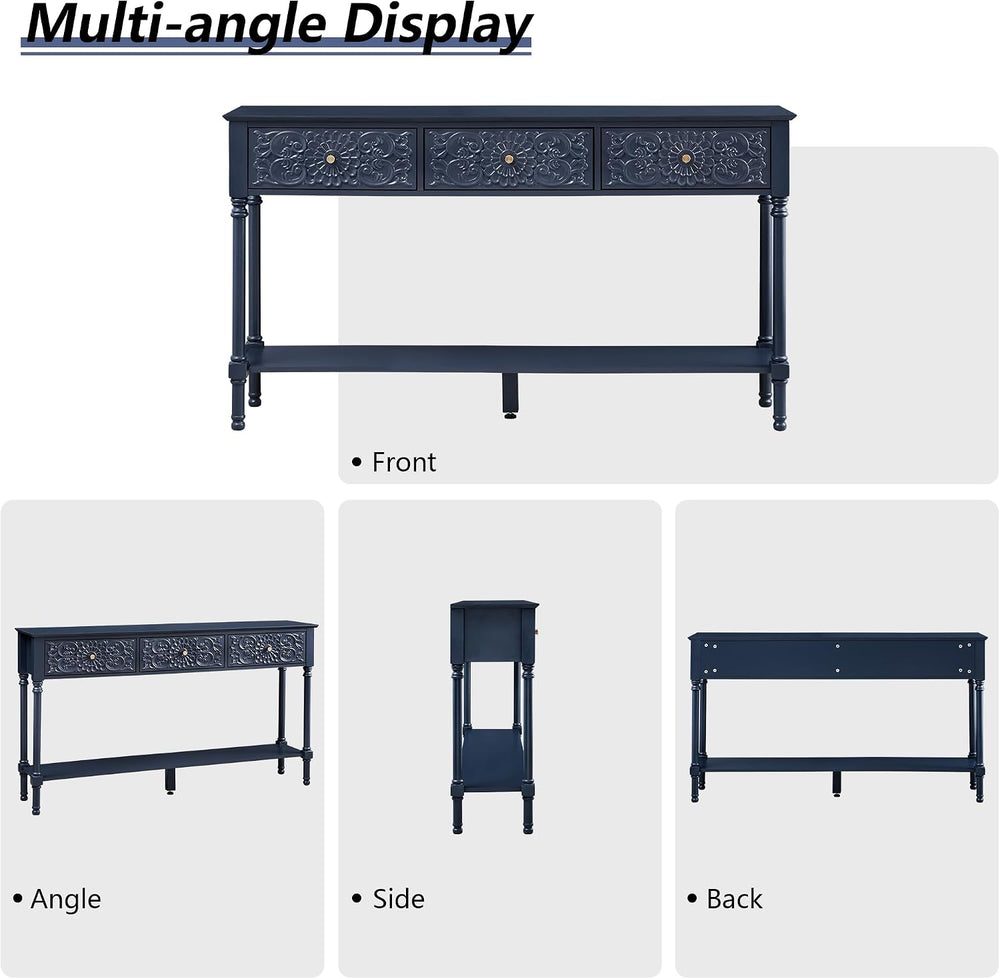 weselon 55.5" Carved Console Table with 3 Drawers, 2-Tier Sofa Table wit...