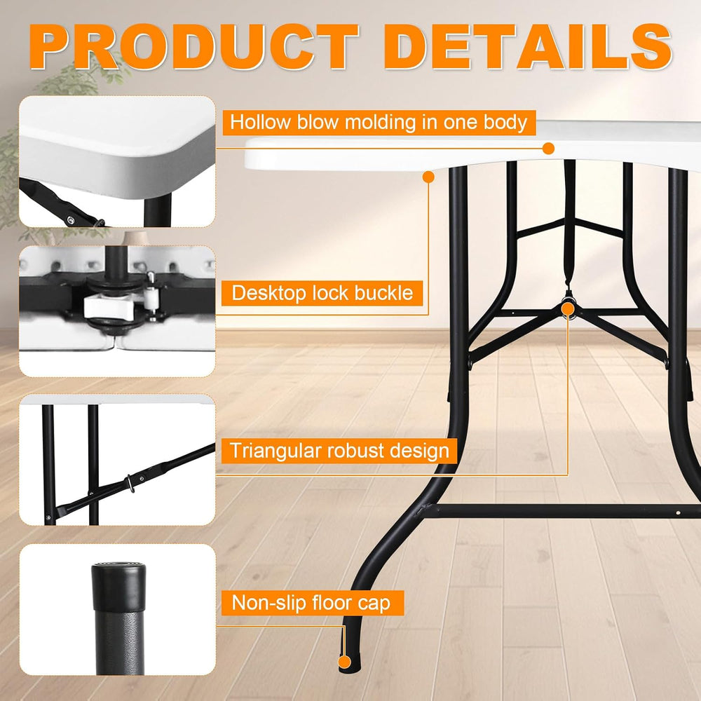 8ft Folding Table, Portable Heavy Duty Plastic Fold-in-Half Utility Table for...