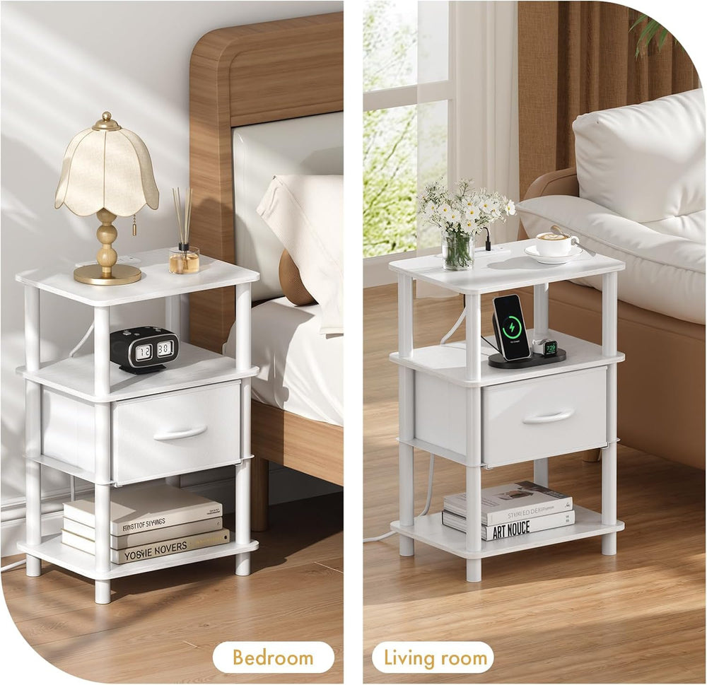 Bedroom Nightstand with Charging Station, Bedside Table with Adjustable Fabri...