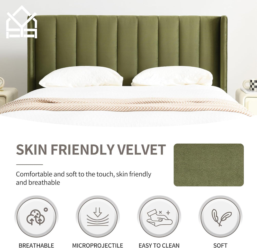 YUHUASHI King Bed Frame,Platform Bed with Upholstered Headboard,Grass Green