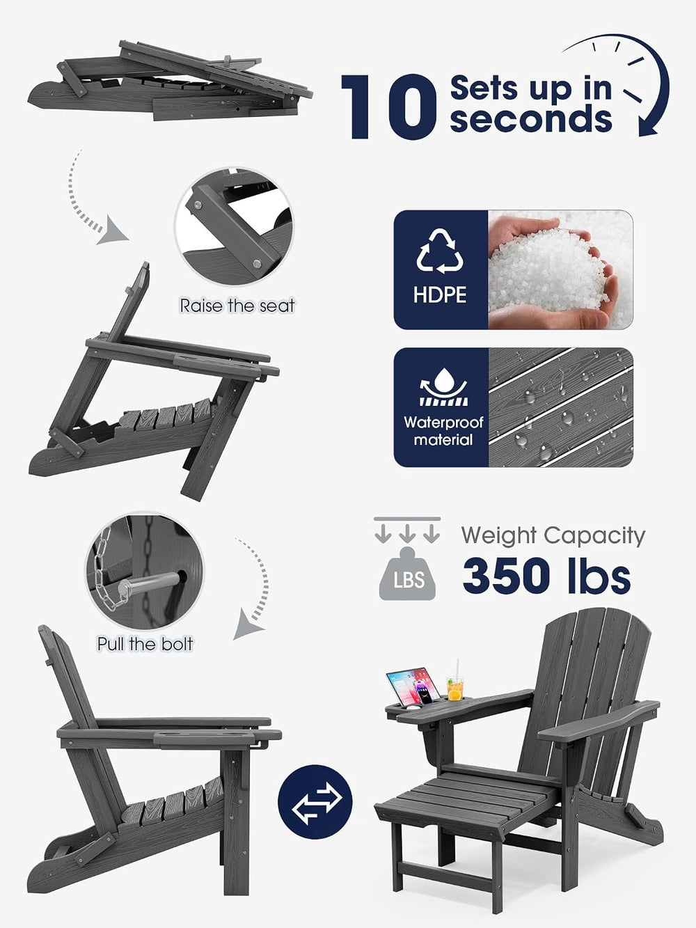 KINGYES Adjustable Folding Adirondack Chair with Footrest & 4-in-1 Multi-...