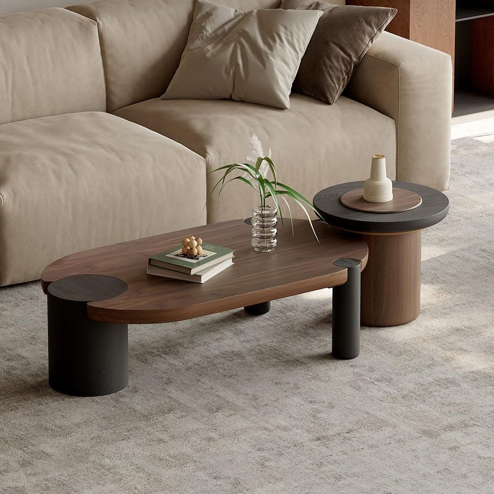 Mobile Side Table Modern Wooden Nesting Coffee Table Set Oval & Round Liv...