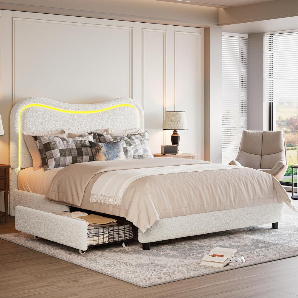 Garvee Boucle Full Bed Frame with 2 Storage Drawers and LED Lights, Beige