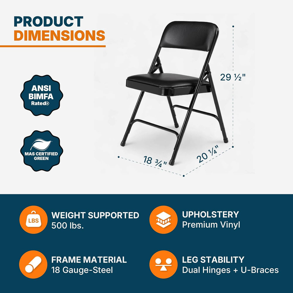 OEF Furnishings OEF1210 Vinyl Cushioned Folding Chairs with Steel Frame, Blac...