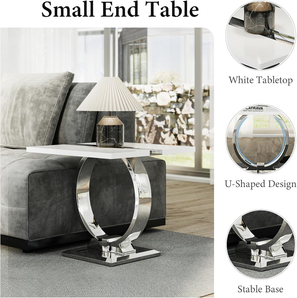 Asday 23.6" White and Silver End Table, Modern Side Table with Glossy Wo...