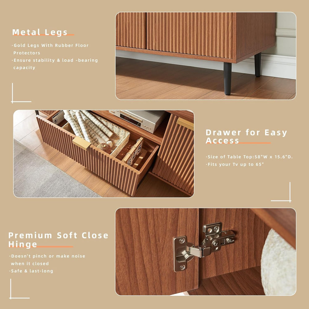 Okvnbjk Modern Fluted TV Stand for 65 Inch TVs with Drawer, Walnut | Modern f...