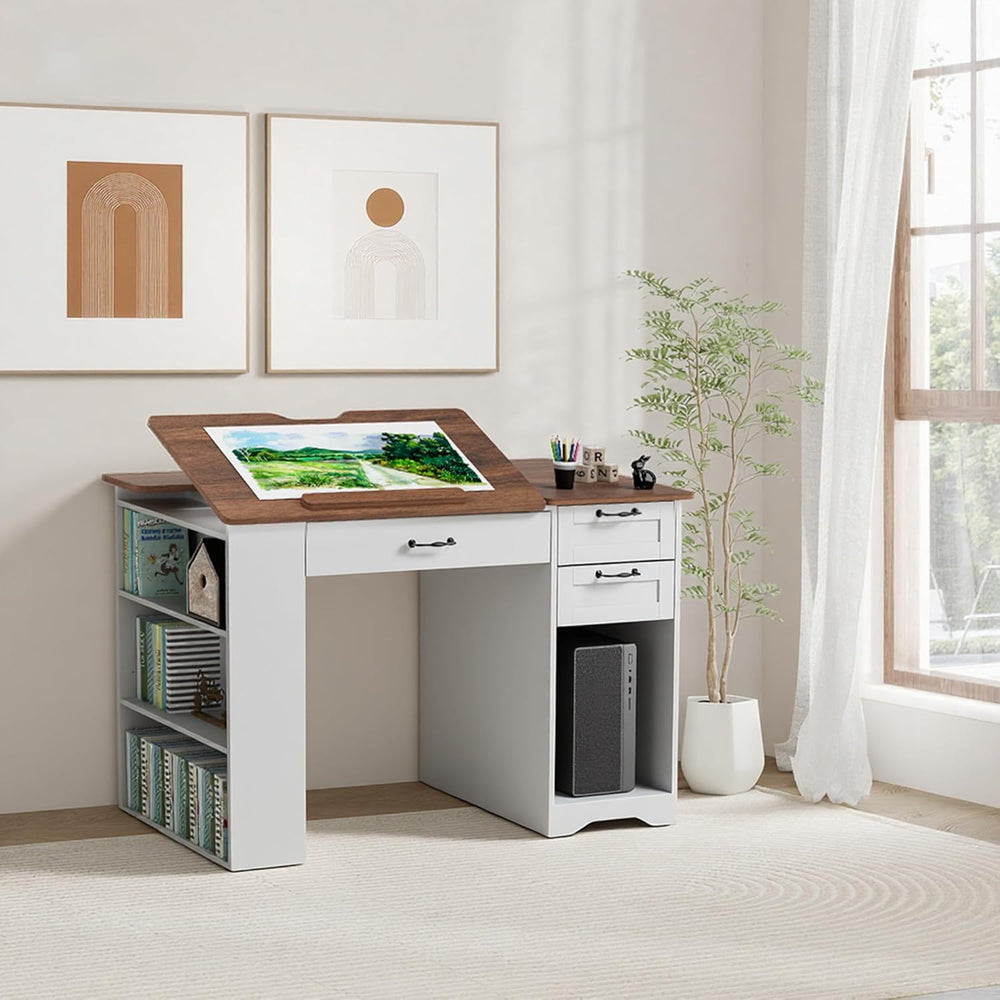 Drafting Table with Storage Cabinet & Drawers, Adjustable Drawing Table w...